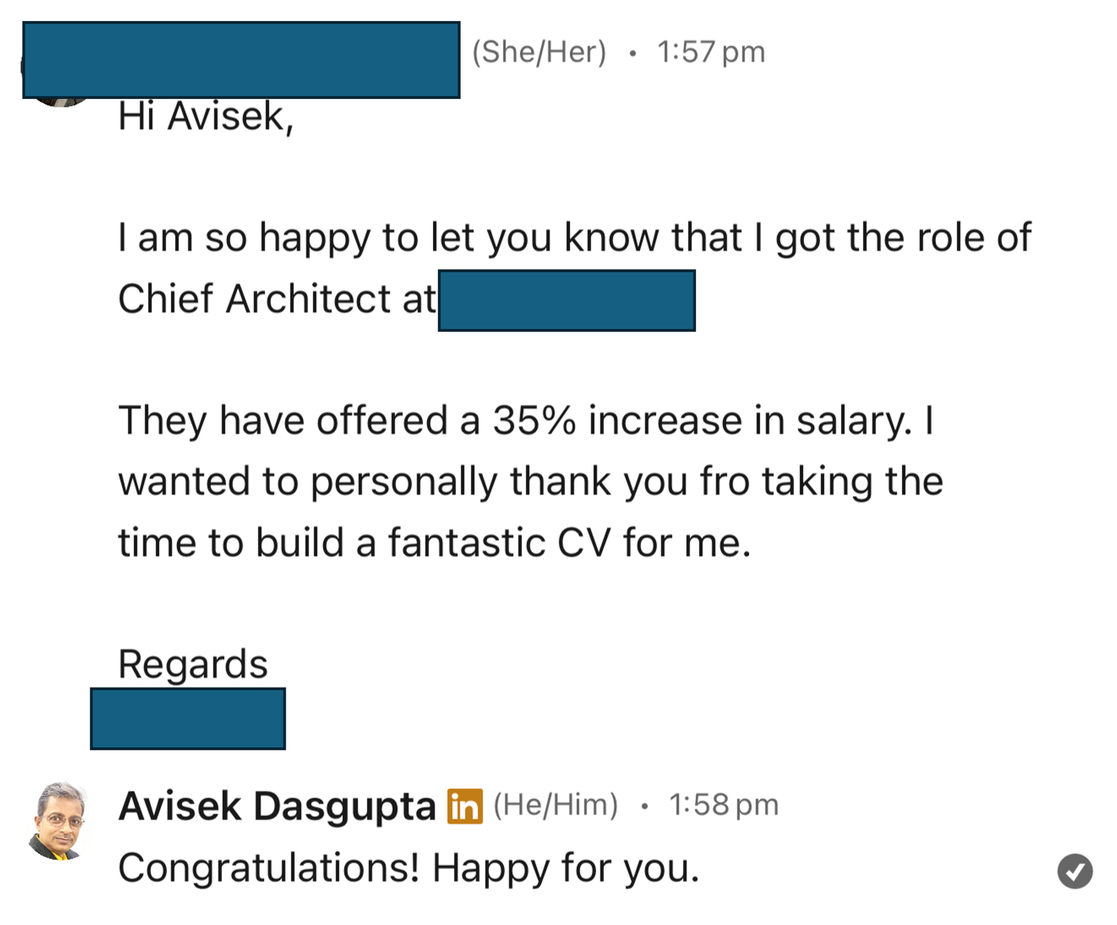 Client outcome: Chief Architect role and a 35 percent salary increase
