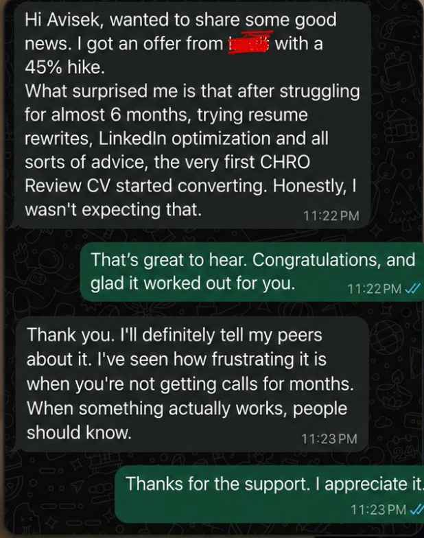 Client outcome after an Executive Review CV: offer with a 45 percent hike